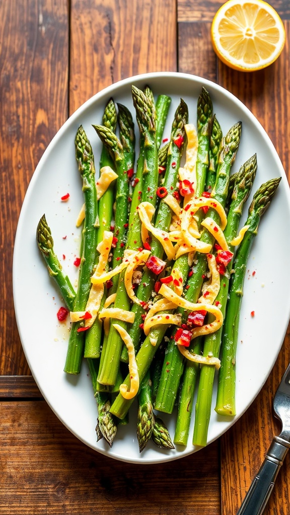 Oven-roasted asparagus with garlic and Parmesan, garnished with lemon juice and red pepper flakes, on a rustic table.